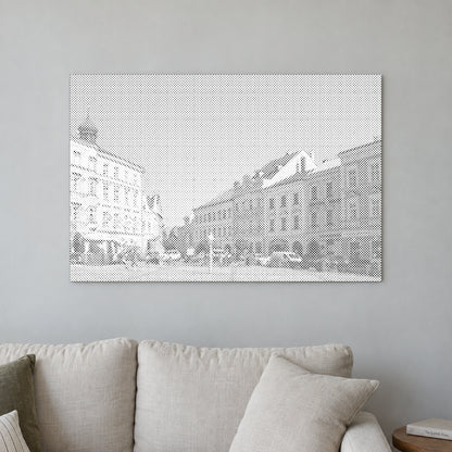Dot-painting canvas “Jindrichuv Hradec”, displayed on a light wall in a softly lit room.