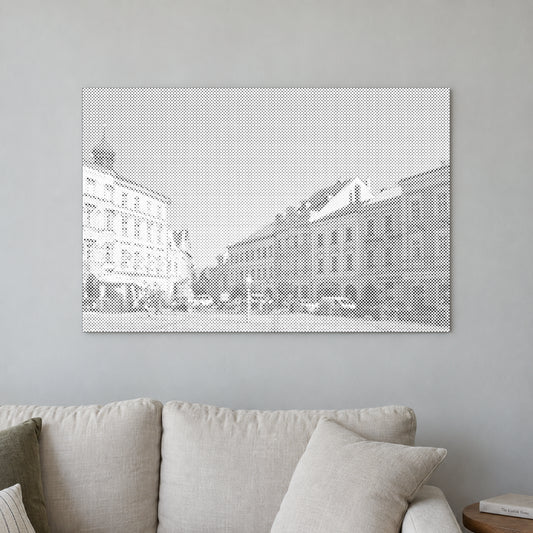 Dot-painting canvas “Jindrichuv Hradec”, displayed on a light wall in a softly lit room.