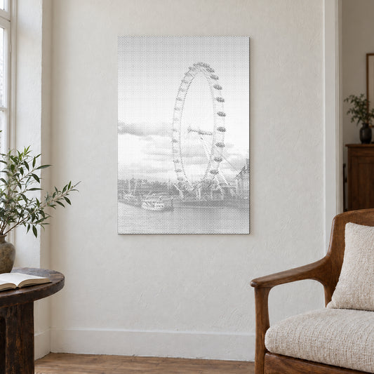 Dot-painting canvas “London Eye”, displayed on a light wall in a softly lit room.