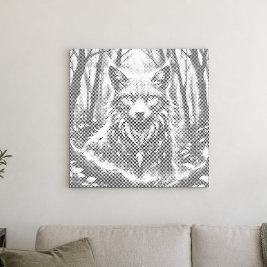 Dot-painting canvas “Magical Fox”, displayed on a light wall in a softly lit room.