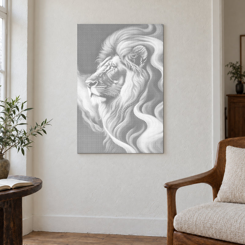 Dot-painting canvas “Majestic Lion”, displayed on a light wall in a softly lit room.