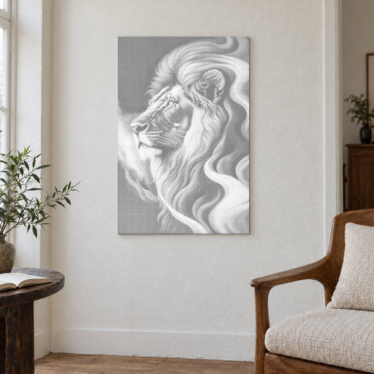 Dot-painting canvas “Majestic Lion”, displayed on a light wall in a softly lit room.