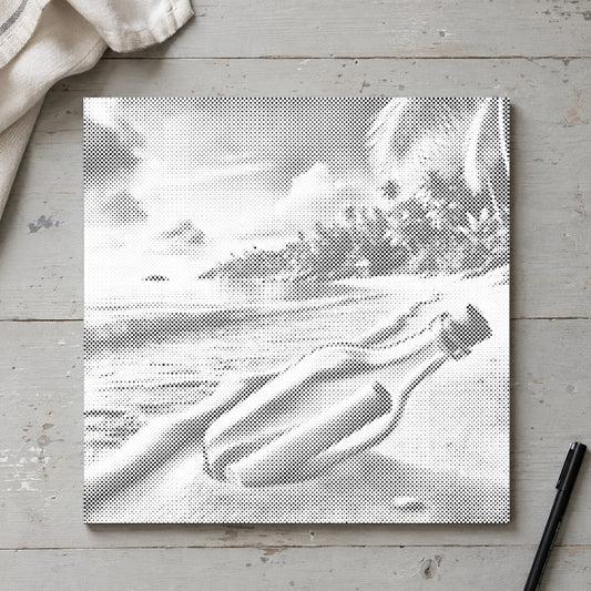 Dot-painting canvas “Message in a Bottle”, seen from above on a worktable in soft daylight.