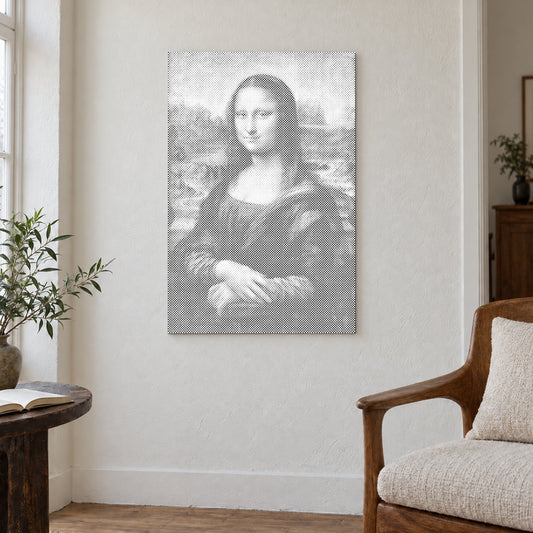 Dot-painting canvas “Mona Lisa by Leonardo da Vinci”, displayed on a light wall in a softly lit room.