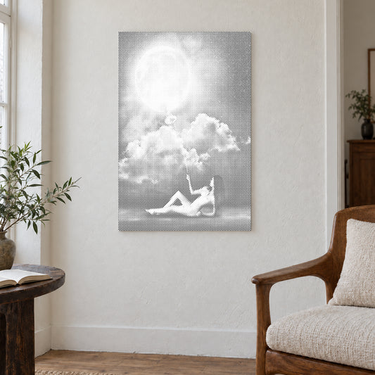 Dot-painting canvas “Monarch of the Moon”, displayed on a light wall in a softly lit room.