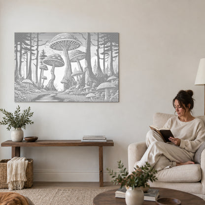 Dot-painting canvas “Mushrooms”, on a living-room wall with a person reading in an armchair nearby.