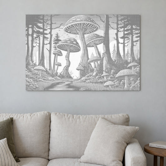 Dot-painting canvas “Mushrooms”, displayed on a light wall in a softly lit room.