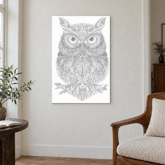 Dot-painting canvas “Owl Mandala”, displayed on a light wall in a softly lit room.