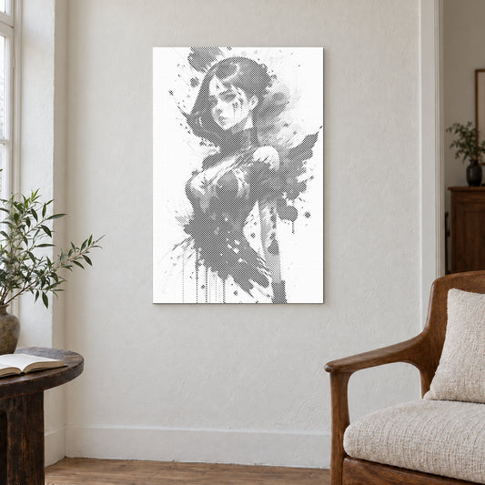 Dot-painting canvas “Provocative Woman”, displayed on a light wall in a softly lit room.