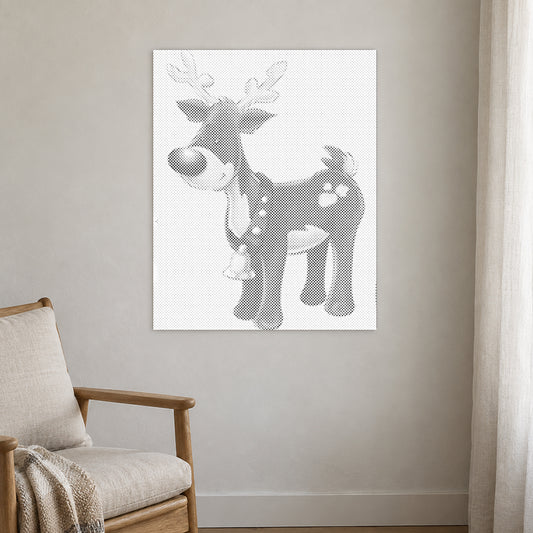 Dot-painting canvas “Rudolph the Red Nosed Reindeer”, displayed on a light wall in a softly lit room.