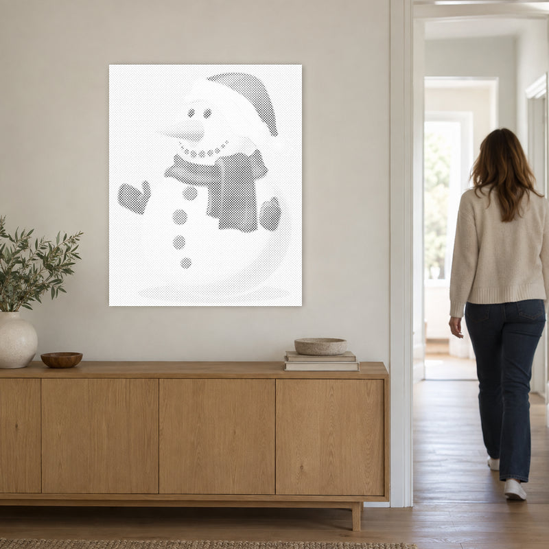 Dot-painting canvas “Snowman”, on a light wall with a person walking through the doorway nearby.