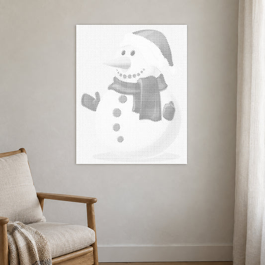 Dot-painting canvas “Snowman”, displayed on a light wall in a softly lit room.