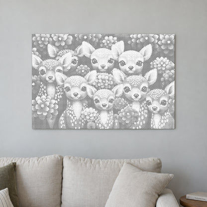 Dot-painting canvas “Stag Forest Edition”, displayed on a light wall in a softly lit room.
