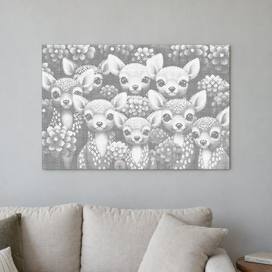 Dot-painting canvas “Stag Forest Edition”, displayed on a light wall in a softly lit room.