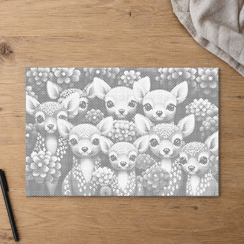 Dot-painting canvas “Stag Forest Edition”, seen from above on a worktable in soft daylight.