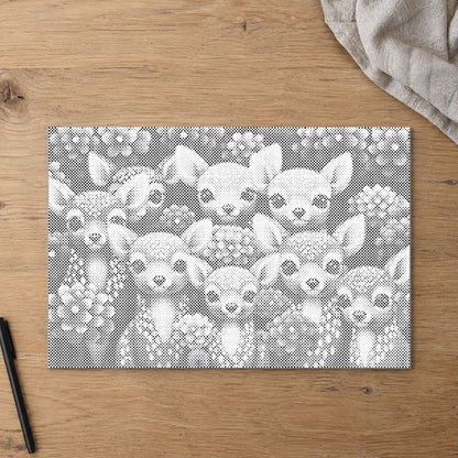 Dot-painting canvas “Stag Forest Edition”, seen from above on a worktable in soft daylight.