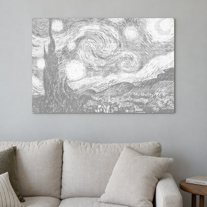 Dot-painting canvas “The Starry Night by Van Gogh”, displayed on a light wall in a softly lit room.
