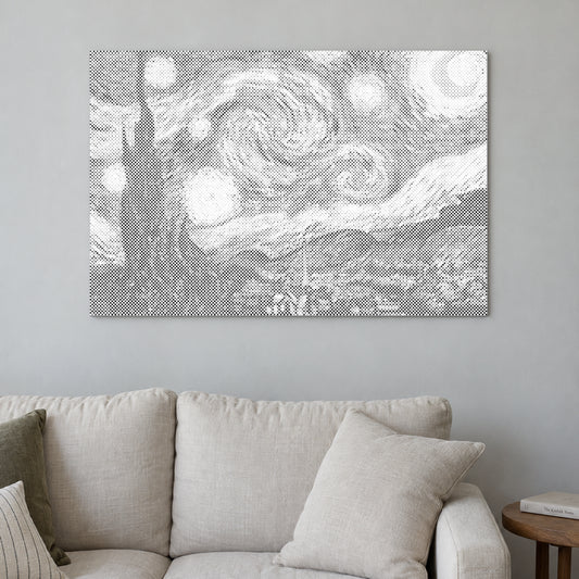 Dot-painting canvas “The Starry Night by Van Gogh”, displayed on a light wall in a softly lit room.