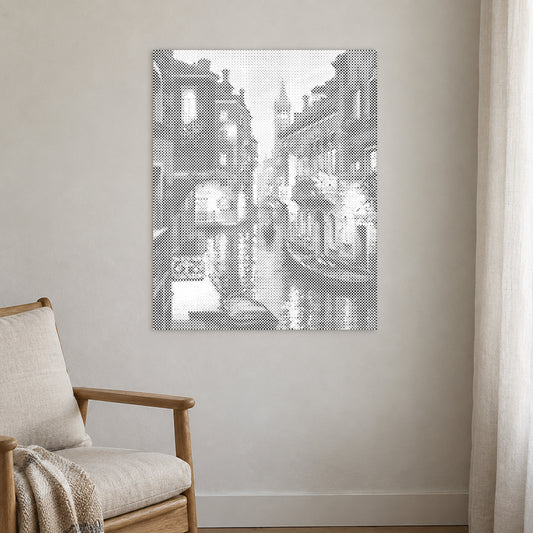Dot-painting canvas “Venice at Night”, displayed on a light wall in a softly lit room.