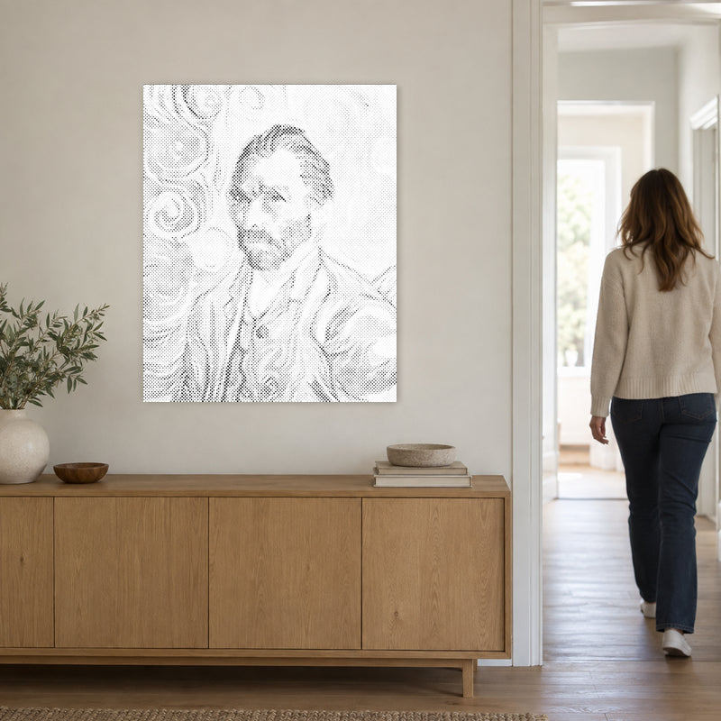 Dot-painting canvas “Vincent van Gogh Self Portrait”, on a light wall with a person walking through the doorway nearby.