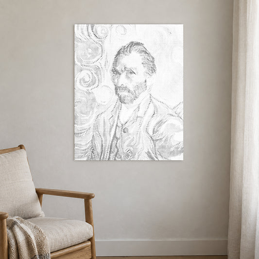 Dot-painting canvas “Vincent van Gogh Self Portrait”, displayed on a light wall in a softly lit room.