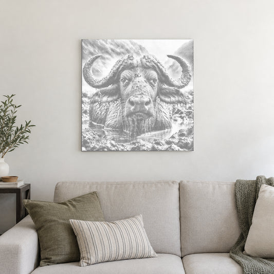Dot-painting canvas “Water Buffalo”, displayed on a light wall in a softly lit room.