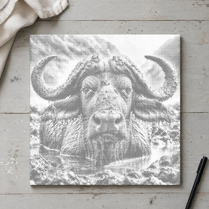 Dot-painting canvas “Water Buffalo”, seen from above on a worktable in soft daylight.