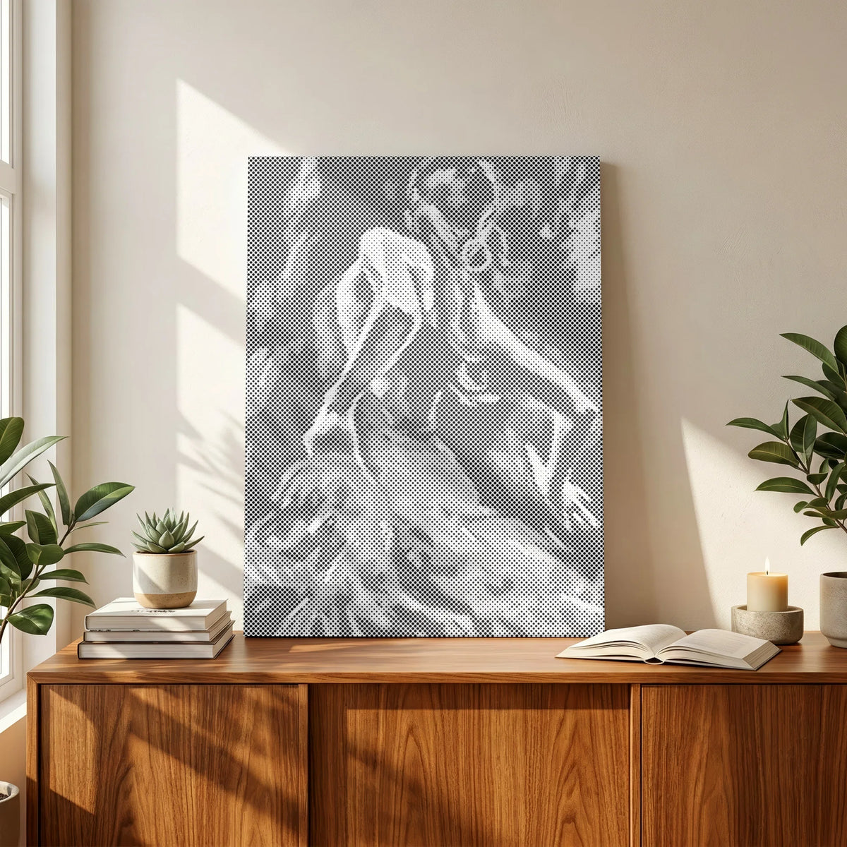 Close-up of the Poetry in Motion dancer dot painting canvas on an oak console beside plants and books.