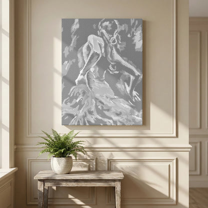 Poetry in Motion dancer dot painting on an edge-to-edge canvas on a cream panelled wall above a rustic table.