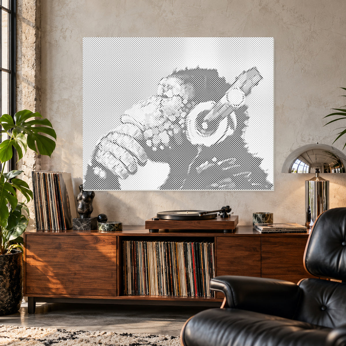 Rebel Rhythm monkey with headphones dot painting shown close up above a walnut record console.