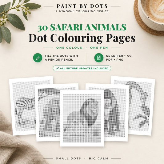 Safari Animals dot colouring pages cover with 30 printable dot painting designs