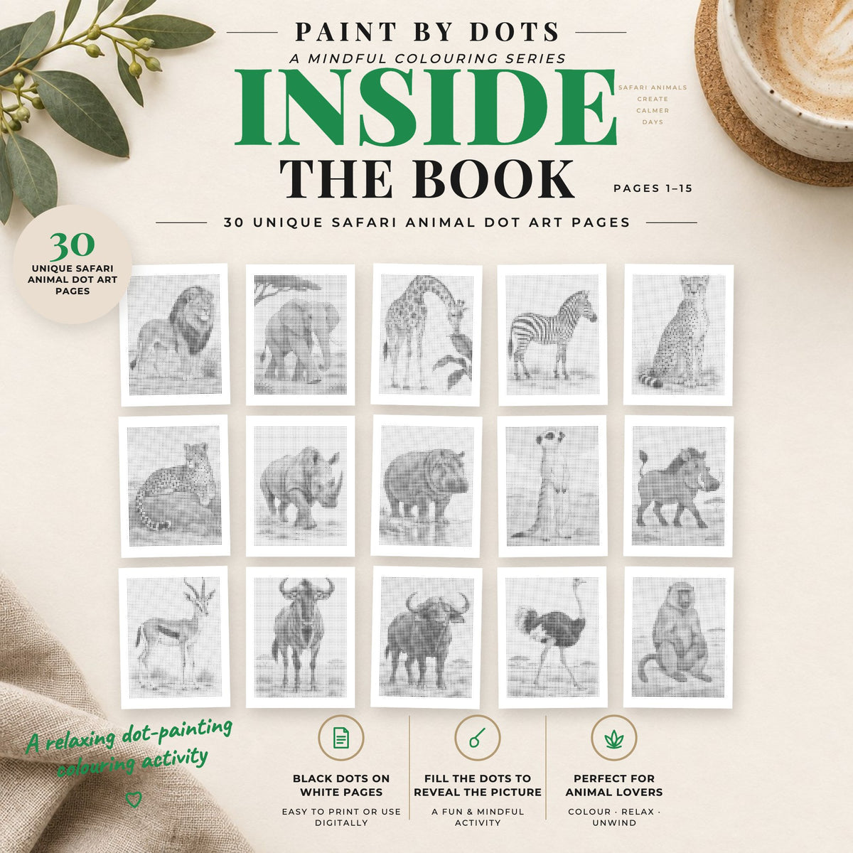 Preview of Safari Animals printable dot painting designs, pages 1 to 15