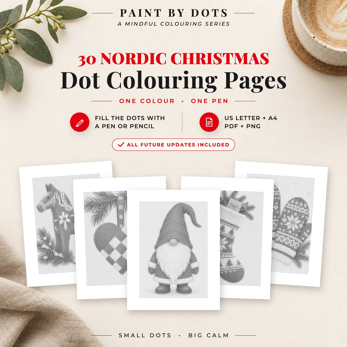 Scandinavian Christmas dot colouring pages cover with 30 printable dot painting designs