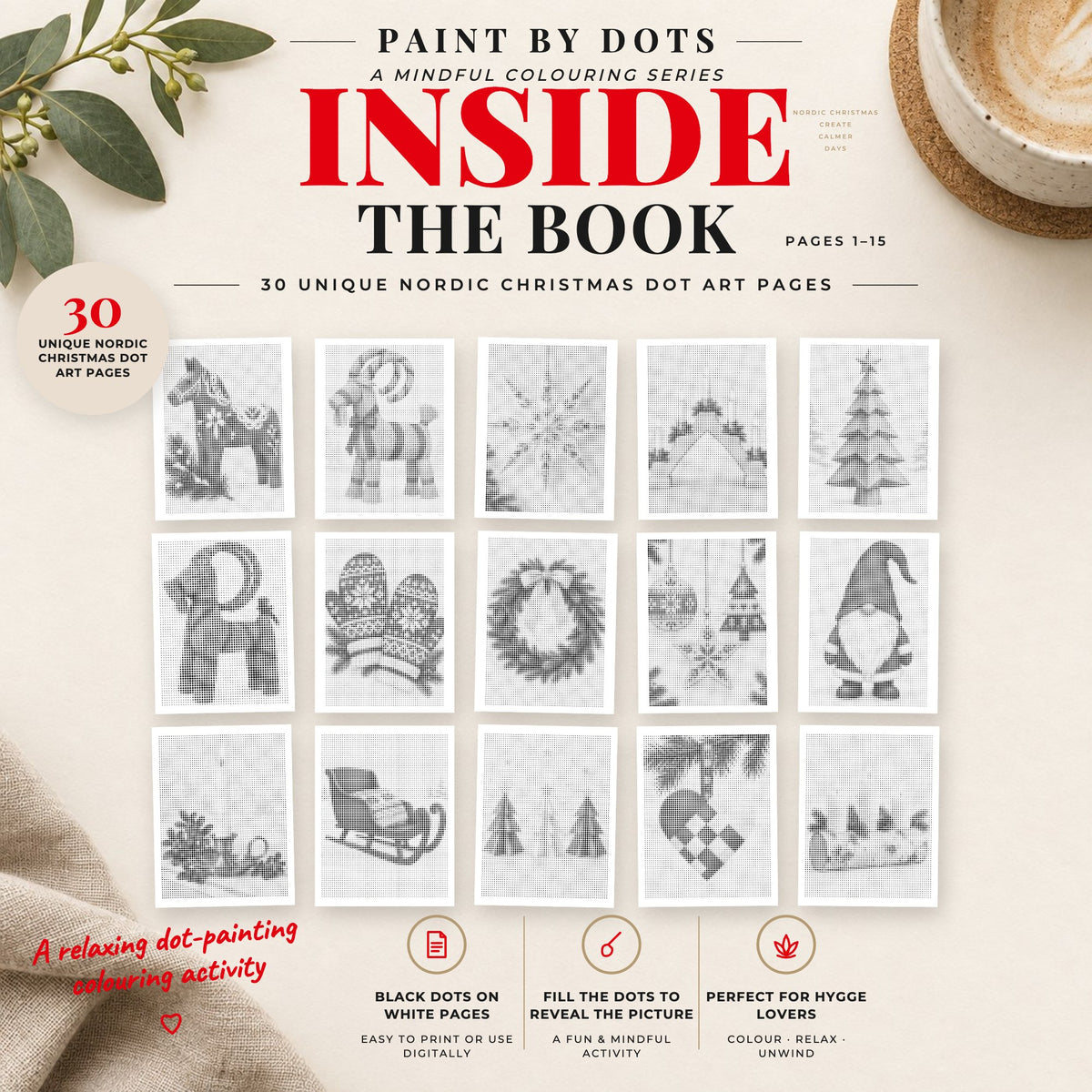 Preview of Scandinavian Christmas printable dot painting designs, pages 1 to 15
