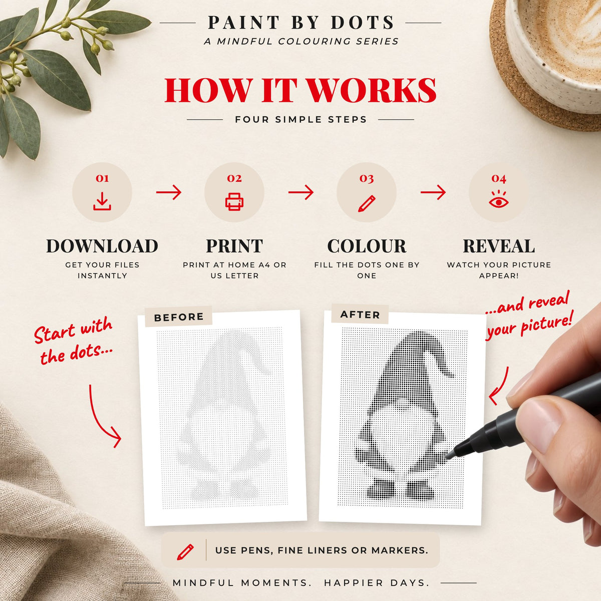 How to download, print and fill the circles in the Scandinavian Christmas dot painting book