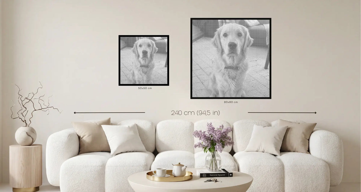 50×50 cm and 80×80 cm square custom dot paintings shown to scale above a 240 cm sofa