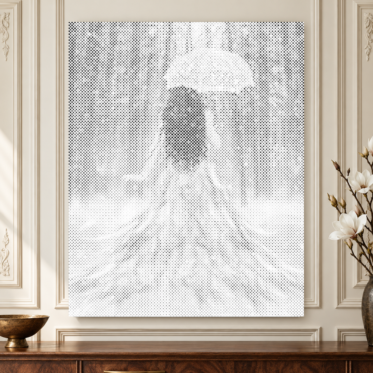 The Wise Woman dot painting displayed close up against ornate ivory panelled walls above a walnut console.