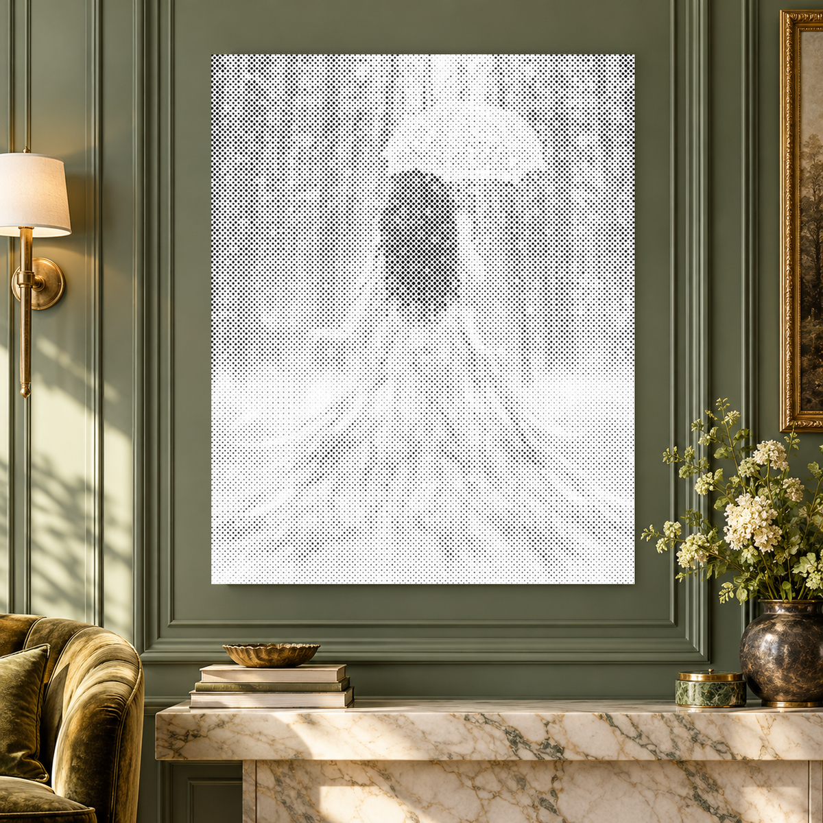 The Wise Woman dot painting in a luxurious sage panelled room above a marble console.