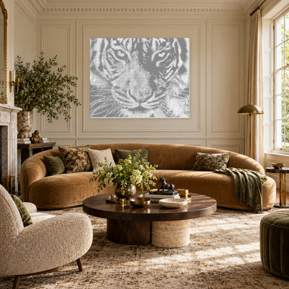 Wild Majesty tiger portrait dot painting in a luxury ivory panelled living room with a camel velvet sofa.