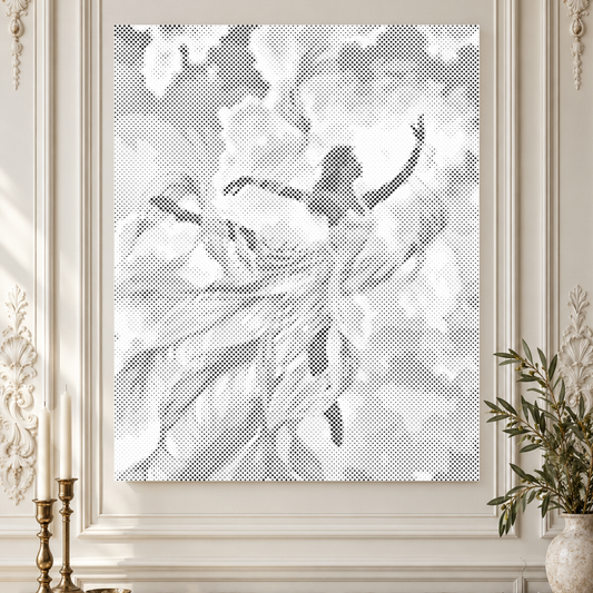 Windswept Grace, a woman dancing dot painting, shown close up against ornate ivory panelled walls.