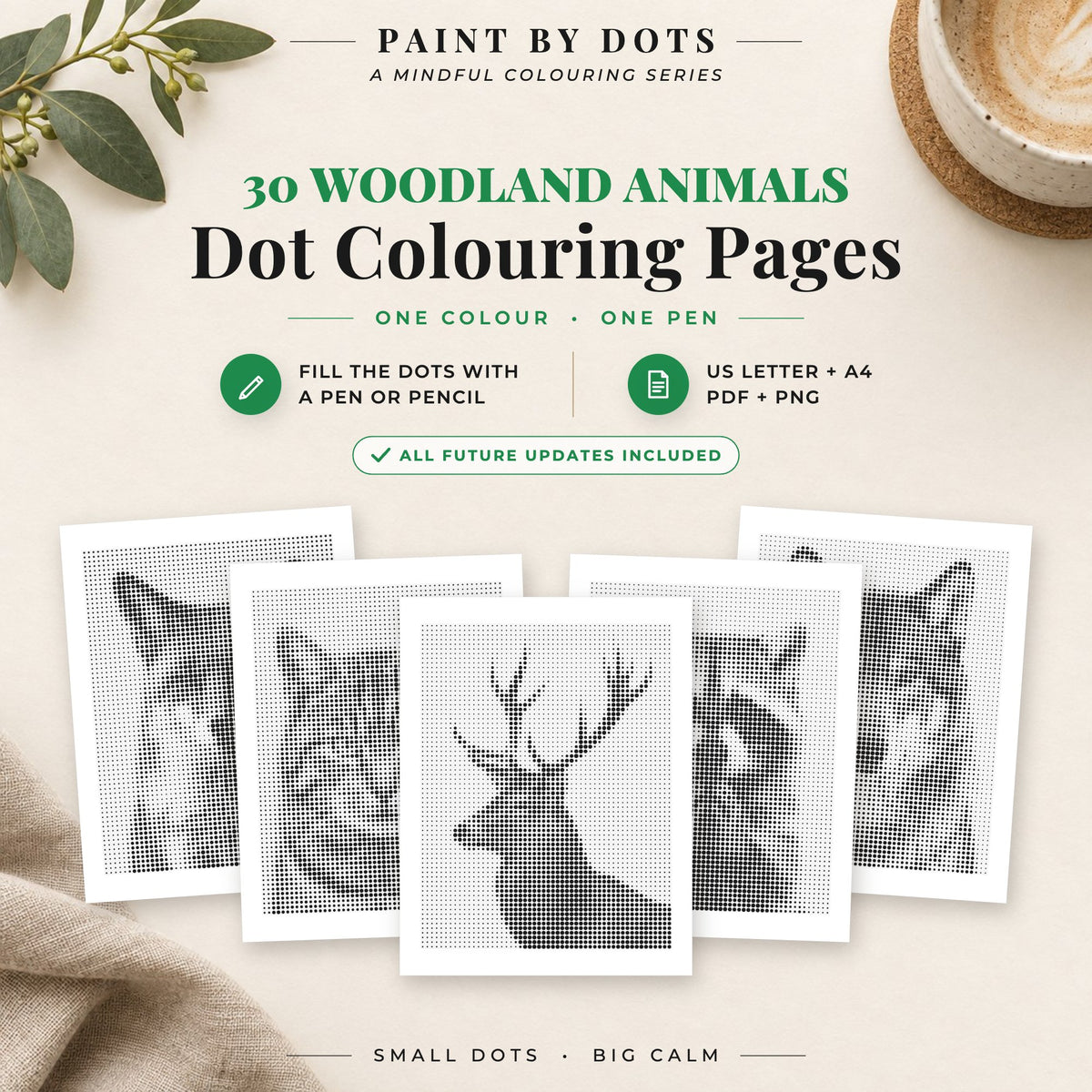 Woodland Animals dot colouring pages cover with 30 printable dot painting designs