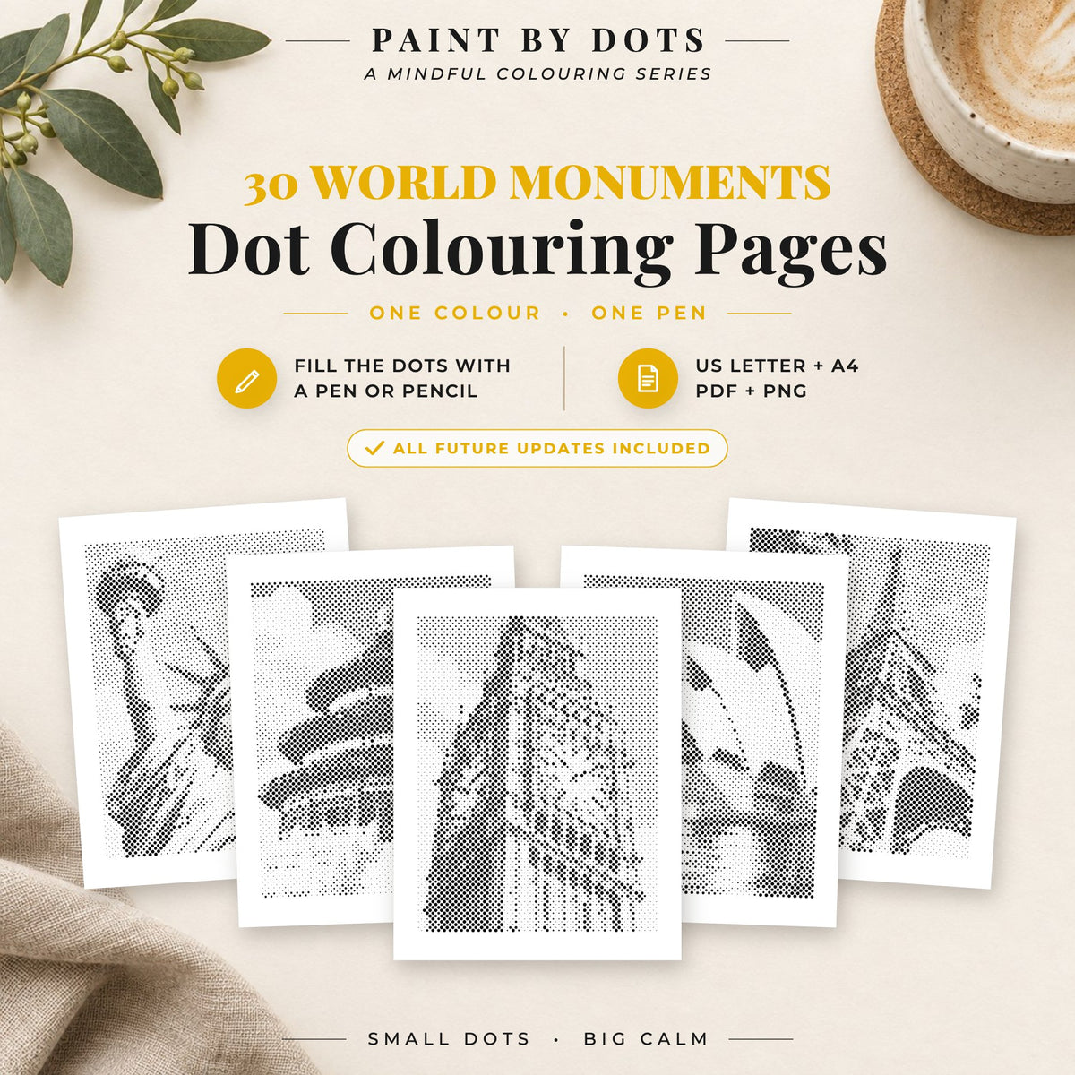 World Monuments dot colouring pages cover with 30 printable dot painting designs