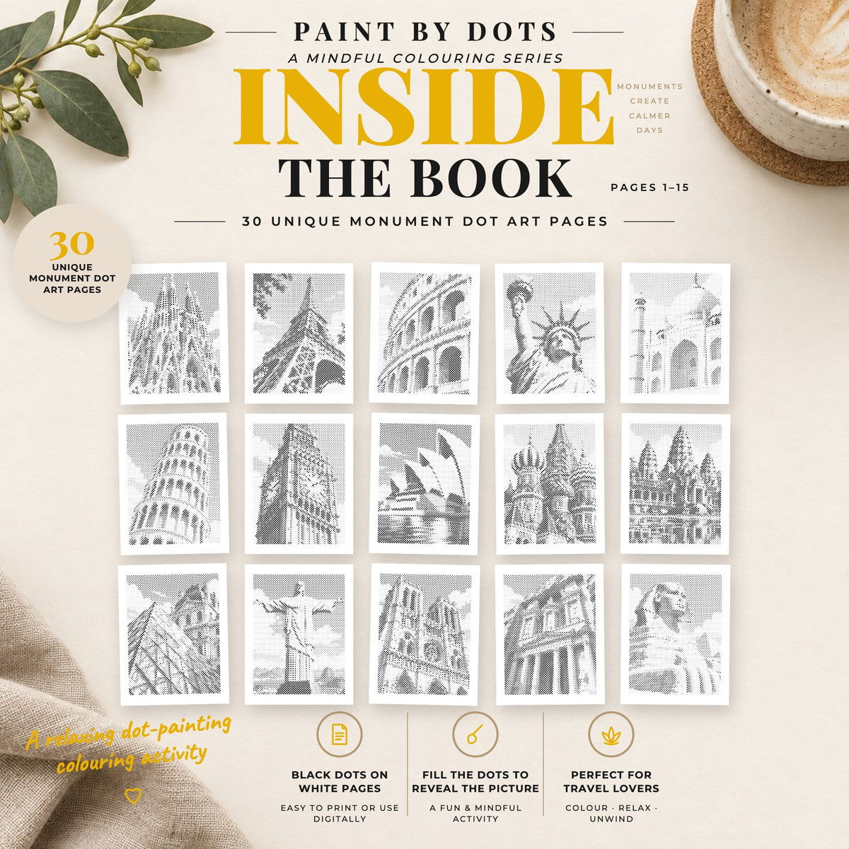 Preview of World Monuments printable dot painting designs, pages 1 to 15