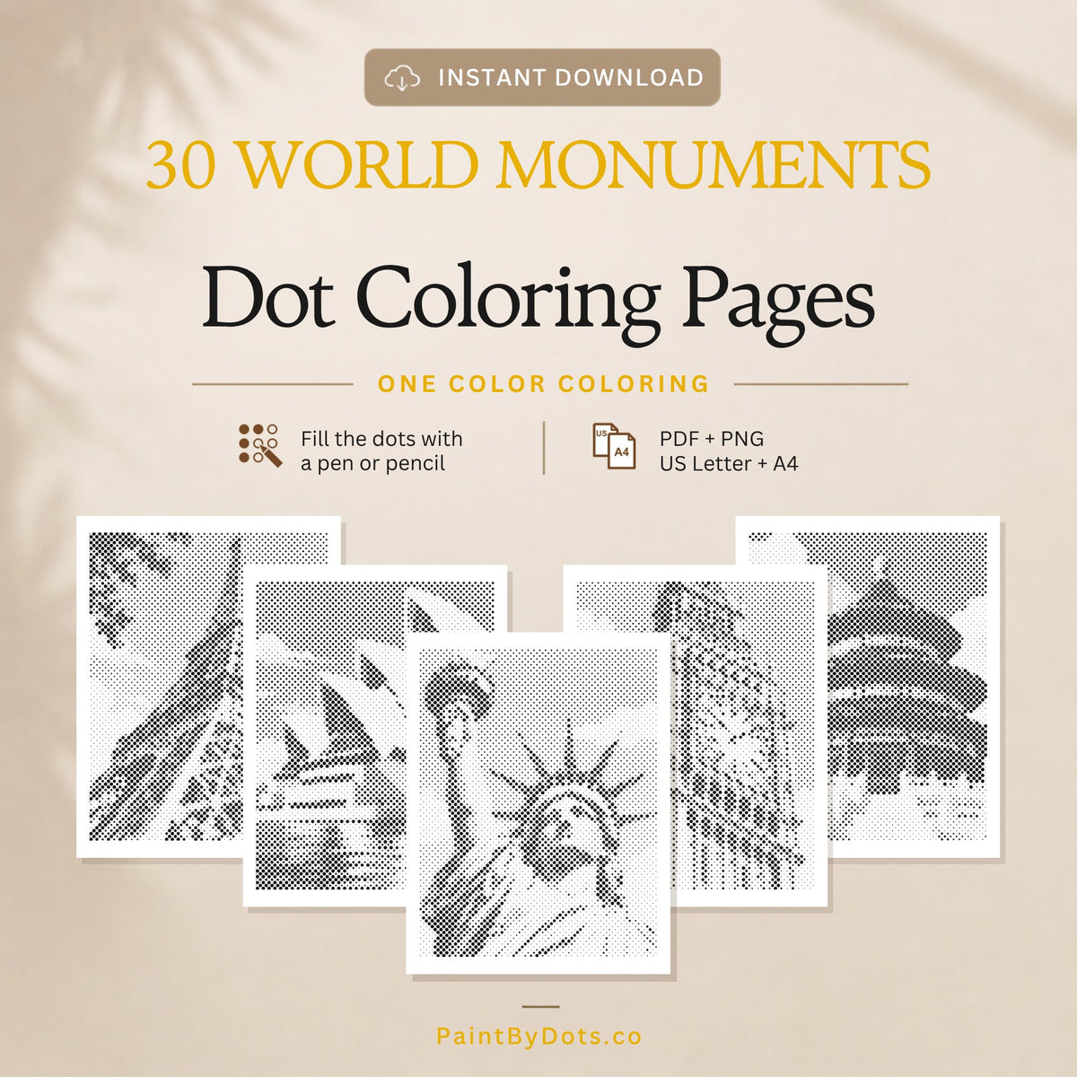 World Monuments dot painting digital download with 30 printable pages (dot painting)